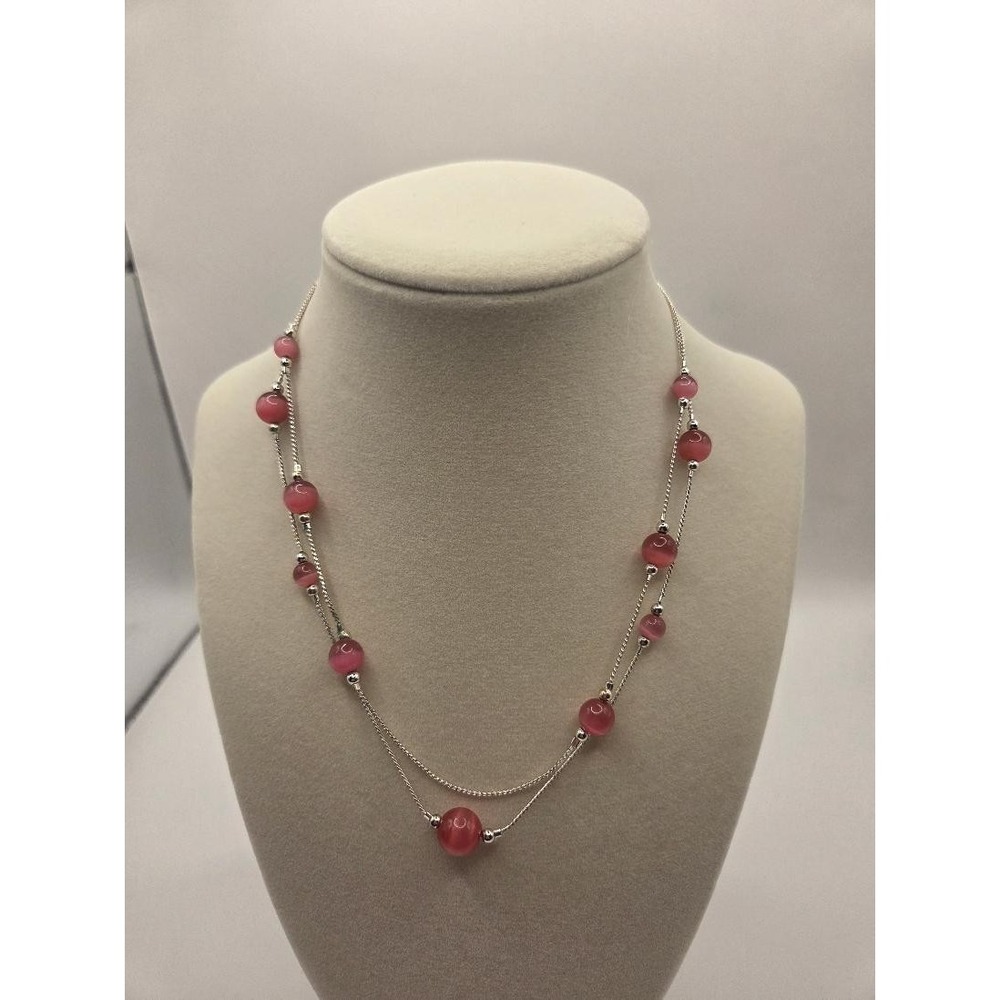 Two Strand Silver Tone Wire Floating Pink Red Beaded Choker Necklace
